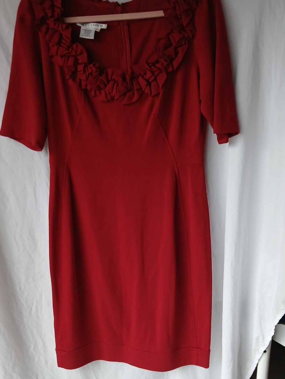 21. Maggie London Red Ruffle-Neck Midi Sheath Dress